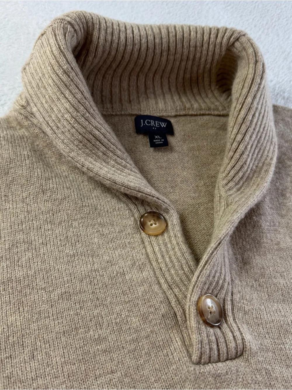 J.Crew XL Shawl Collar Lambswool Blend Sweater Tan Oatmeal Knit Mens